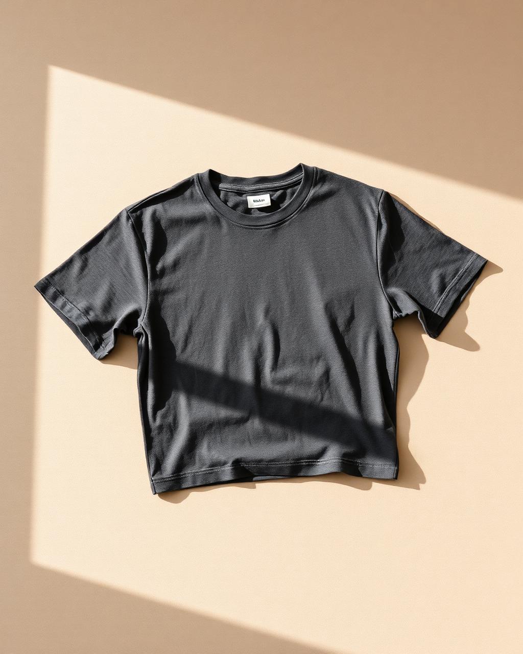 Grafitowy t-shirt mRUF na beżowym tle